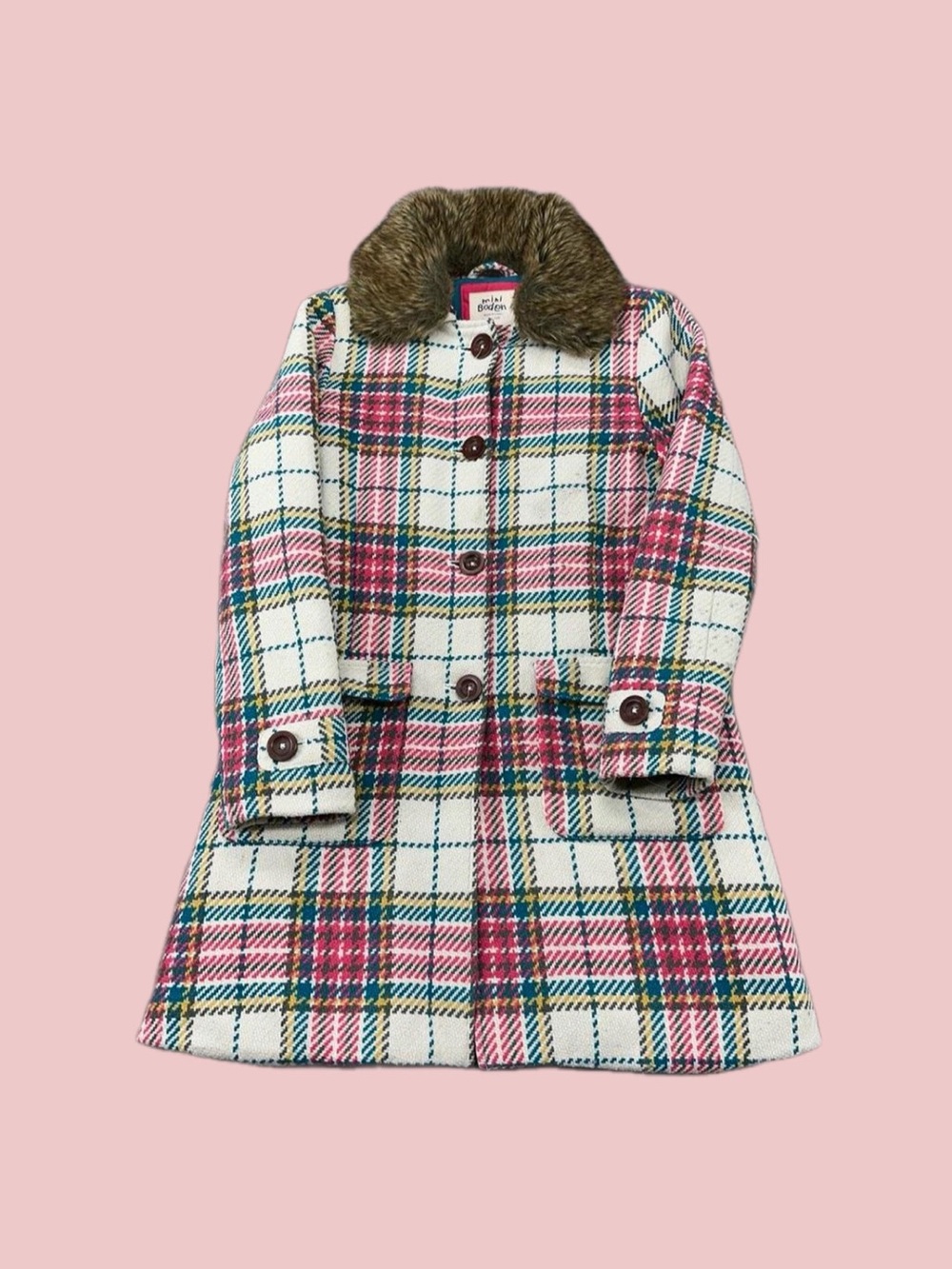 Mini Boden girls Plaid Pea Coat - Pink, Green, Cream wool blend sz 11-12